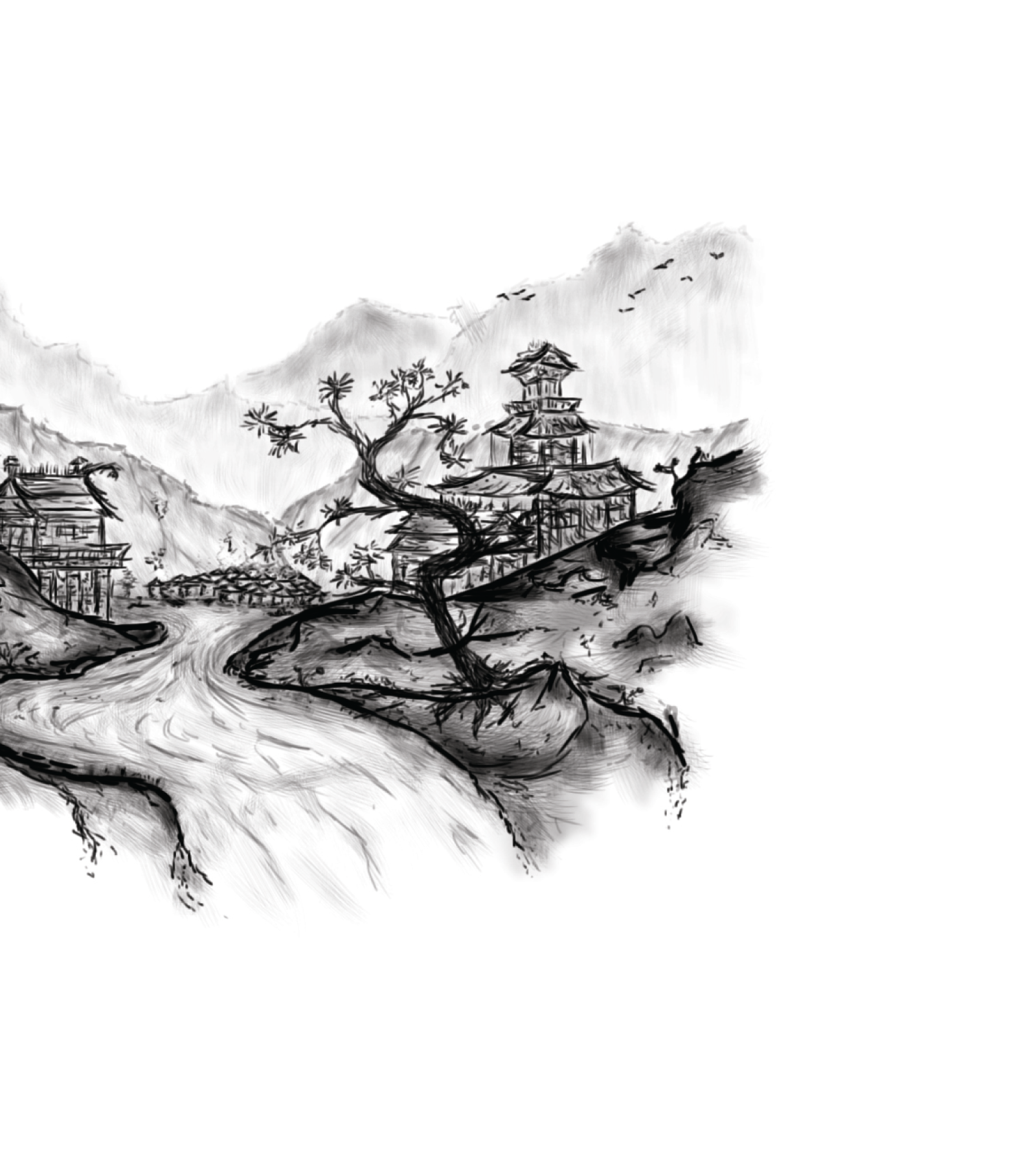 Image displaying Illustrative artwork of Japanese landscape for use on Singing Tree Gardens